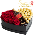 CAJA CORAZON DE 12 ROSAS IMPORTADAS, 26 BOMBONES FERREROS ROCHER Y WHISKY
