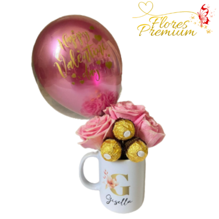 TAZA CON 3 ROSAS BOMBONES Y GLOBO
