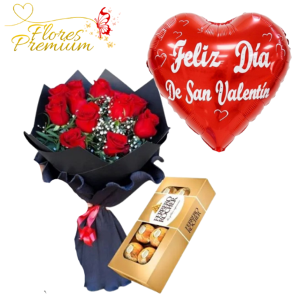 RAMO DE 12 ROSAS FERREROS 100GRS Y GLOBO