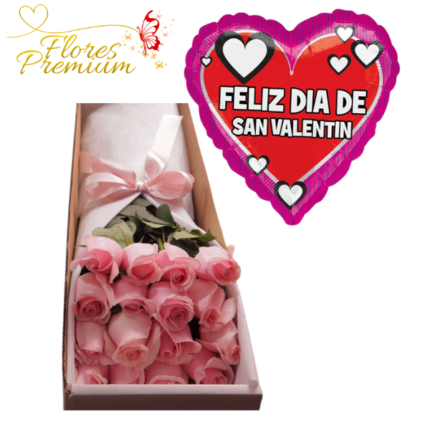 CAJA  DE 16 ROSAS Y GLOBO