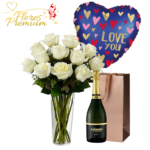 FLORERO DE 12 ROSAS, CHAMPAGNE 750ML Y GLOBO