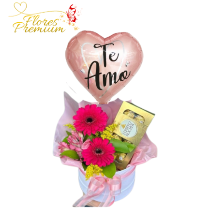 BOX DE 2 GERBERAS + FERREROS ROCHER 100G Y GLOBO GRANDE