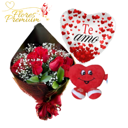RAMO DE 10 ROSAS, PELUCHE CORAZON 15CM Y GLOBO