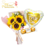 RAMO DE 3 GIRASOLES, FERREROS ROCHER 3 UNID Y GLOBO