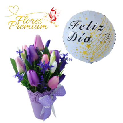 ARREGLO EN BASE DE 10 TULIPANES Y GLOBO