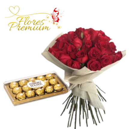 RAMO BOUQUET DE 30 ROSAS Y FERRERO ROCHER DE 150GRS