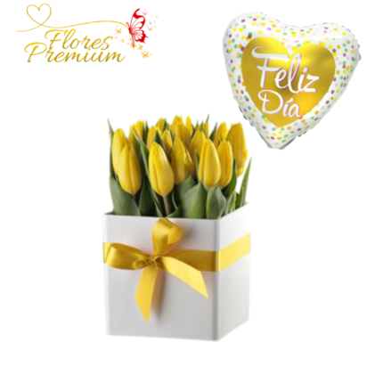 CAJA CUADRADA DE 20 TULIPANES Y GLOBO