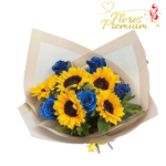 RAMO 5 GIRASOLES, 5 ROSAS AZULES Y FOLLAJE