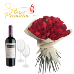 RAMO BOUQUET DE 30 ROSAS, VINO 750 ML Y COPAS