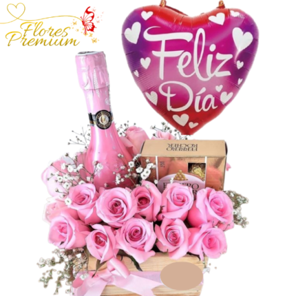 ARREGLO DE 15 ROSAS CHAMPGNE, BOMBONES FERRERO ROCHER 100+ GLOBO