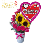 ARREGLO DE 9 ROSAS, 2 GIRASOLES Y GLOBO
