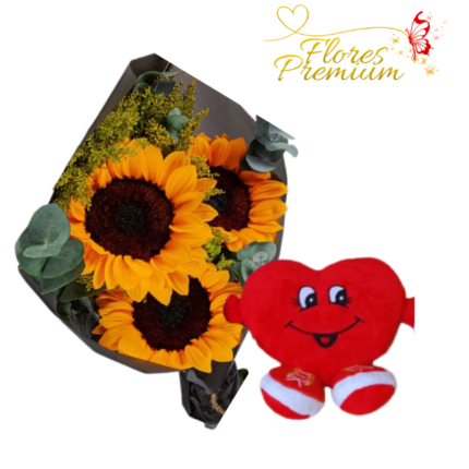 RAMO 3 GIRASOL Y PELUCHE CORAZON