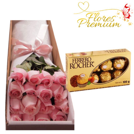CAJA  DE 16 ROSAS Y BOMBONES DE 100 GRS