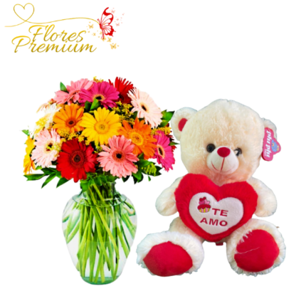 FLORERO DE 15 GERBERAS Y PELUCHE 30CM