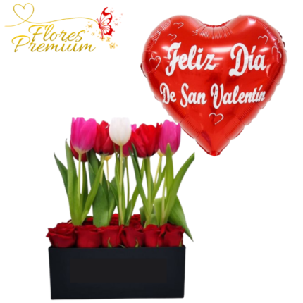 ARREGLO DE 12 ROSAS Y 10 TULIPANES Y GLOBO