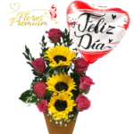 ARREGLO DE 7 ROSAS, 3 GIRASOLES Y GLOBO