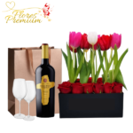 ARREGLO DE 12 ROSAS Y 10 TULIPANES, VINO 750ML Y COPAS