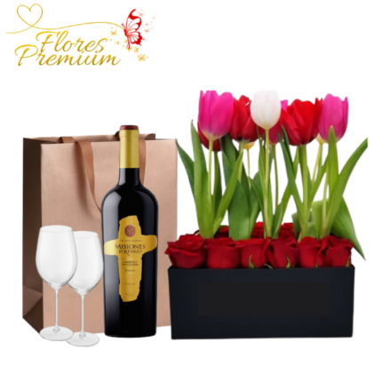 ARREGLO DE 12 ROSAS Y 10 TULIPANES, VINO 750ML Y COPAS