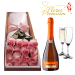 CAJA  DE 16 ROSAS, CHAMPAGNE 750 ML Y COPAS