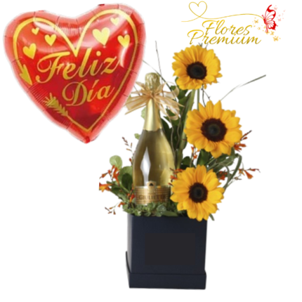 ARREGLO DE 3 GIRASOLES, ESPUMANTE DE 750ML Y GLOBO