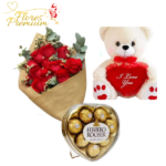 RAMO 13 ROSAS + FERREROS ROCHER 100G Y PELUCHE 20 CM