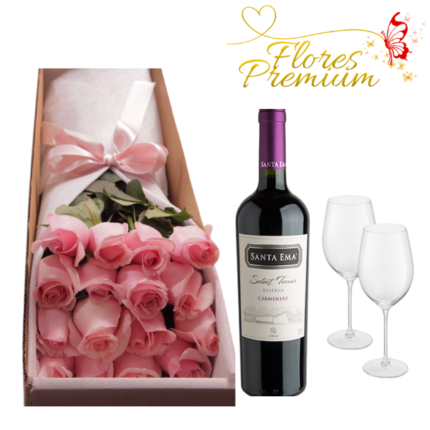 CAJA  DE 16 ROSAS, VINO 750 ML Y COPAS