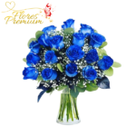 FLORERO 15 ROSAS AZULES Y FOLLAJE
