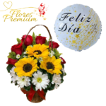 CANASTA DE GIRASOLES, ROSAS, FOLLAJE Y GLOBO