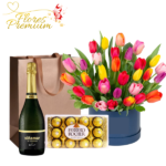 BOX  DE 30 TULIPANES, FERREROS 150GRS Y CHAMPAGNE
