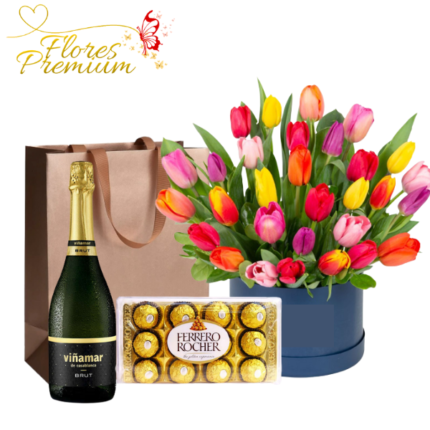BOX  DE 30 TULIPANES, FERREROS 150GRS Y CHAMPAGNE