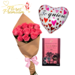 RAMO DE 12 ROSAS IMPORTADAS, BOMBONES DEL SUR Y GLOBO