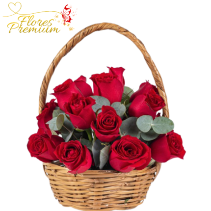 CANASTA 18 ROSAS IMPORTADAS Y FOLLAJE