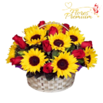 CANASTA DE ROSAS, GIRASOLES Y FOLLAJE