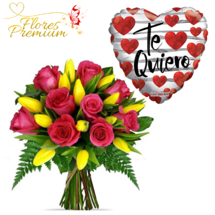 RAMO BOUQUET DE 15 ROSAS, 10 TULIPANES Y GLOBO