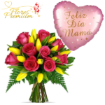 RAMO BOUQUET DE 15 ROSAS, 10 TULIPANES Y GLOBO