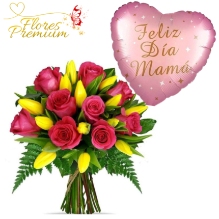 RAMO BOUQUET DE 15 ROSAS, 10 TULIPANES Y GLOBO