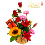 ARREGLO MIX FLORAL CON BOMBONES