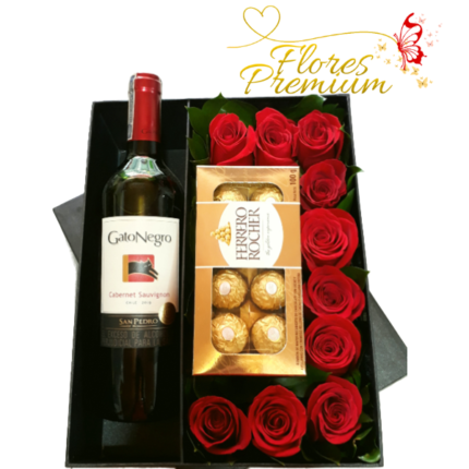 CAJA DE VINO ROSAS Y BOMBONES FERREROS