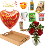 DESAYUNO BANDEJA CON FLORERO DE 3 ROSAS DIA DEL AMOR