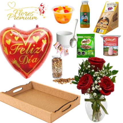DESAYUNO BANDEJA CON FLORERO DE 3 ROSAS DIA DEL AMOR