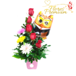 ARREGLO CON ROSAS GERBERAS Y GLOBOS