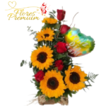 ARREGLO DE 5 GIRASOLES 5 ROSAS Y GLOBO