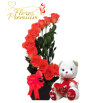 ARREGLO CURVA 12 ROSAS Y PELUCHE