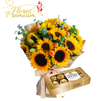 HERMOSO RAMO DE 13 GIRASOLES Y 10 TULIPANES + FERREROS ROCHER DE 100 G