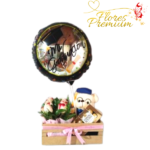 ARREGLO DE ROSAS , GLOBO, BOMBONES Y PELUCHE LLAVERO