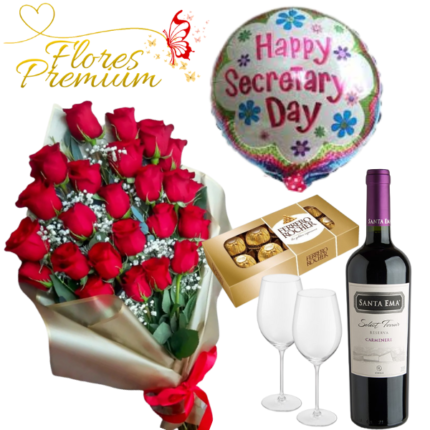 RAMO DE 22 ROSAS IMPORTADAS FERREROS ROCHER DE 100 GRS VINO 750ML COPAS+ GLOBO (copia)