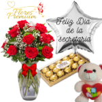 FLORERO DE 10 ROSAS  FERREROS DE 150 GRS Y PELUCHE DE 20 CM+ GLOBO