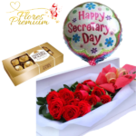 CAJA DE 12 ROSAS IMPORTADAS Y FERREROS DE 100 GRS + GLOBO