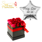 CAJA CUADRADA DE 9 ROSAS IMPORTADAS + GLOBO