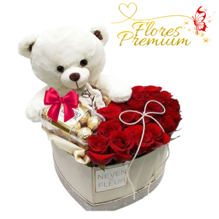 CAJA CORAZON DE 20 ROSAS, PELUCHE 25 CM Y FERREROS DE 150G
